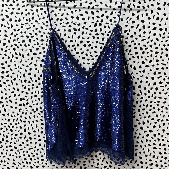 Free People Blue Sequin Tank Lace Trim Cami - Picture 5 of 5